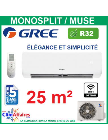 GREE Climatisation Mural Inverter Monosplit - MUSE Climatiseur R32 - Unité intérieure + Unité extérieure - 3NGR0305 (2.5 kW)