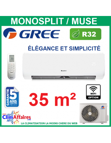 GREE Climatisation Mural Inverter Monosplit - MUSE 12 - R32 - Unité intérieure + Unité extérieure - 3NGR0310 (3.2 kW)