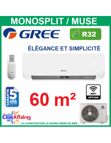 GREE Climatisation Mural Inverter Monosplit - MUSE 24 - R32 - Unité intérieure + Unité extérieure - 3NGR0320 (6.15 kW)