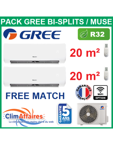 Climatisation GREE bi-splits pour deux pièces de 20 m² chacune - Multi-splits free match gamme muse - 3NGR4525 + 2 X 3NGR0488