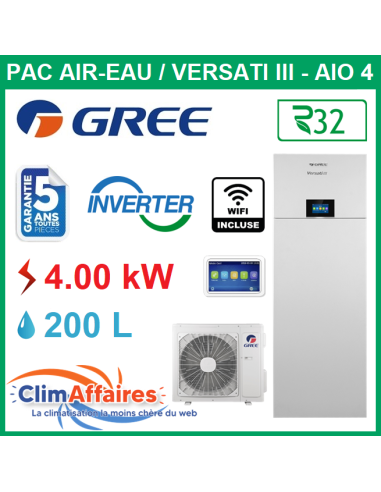 GREE - Versati lll / All In One - AIO 4 - Pompe à Chaleur Air/Eau - Bi-Bloc - Monophasé - 3IGR5150 (4.0 kW)