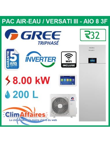 GREE - Versati lll / All In One - AIO 8 3F - Pompe à Chaleur Air/Eau - Bi-Bloc - Triphasé - 3IGR5350 (8.0 kW)