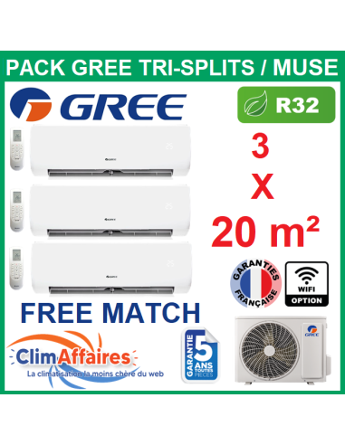 Climatisation GREE tri-splits pour 3 pièces de 20 m² chacune - Multi-splits free match gamme muse - 3NGR4527 + 3 X 3NGR0488