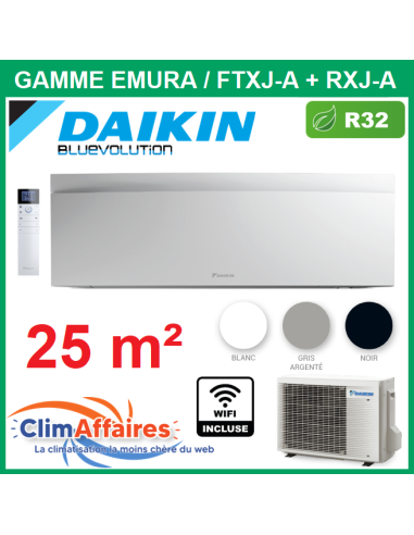Daikin Climatisation - Design EMURA Bluevolution - R32 - FTXJ25AW + RXJ25A (2.5 kW) - Climatiser 25 m²