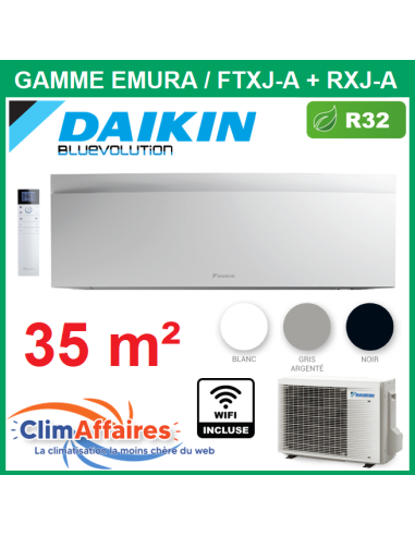 Daikin Climatisation - Design EMURA Bluevolution - R32 - FTXJ35AW + RXJ35A (3.4 kW) - Climatiser 35 m²