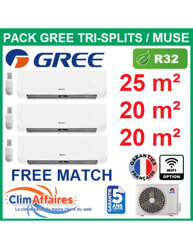 Climatisation GREE tri-splits Muse réversible pour 3 pièces - 25 m² + 2 x 20 m² - 3NGR4527 + 3NGR4106 + 2 X 3NGR0488