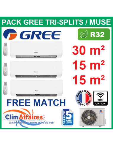 Climatisation GREE tri-splits Muse réversible pour 3 pièces - 30 m² + 2 x 15 m² - 3NGR4527 + 3NGR4109 + 2 X 3NGR0488