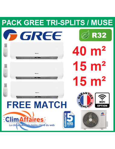 Climatisation GREE tri-splits Muse réversible pour 3 pièces - 40 m² + 2 x 15 m² - 3NGR45278+ 3NGR4107 + 2 X 3NGR0488