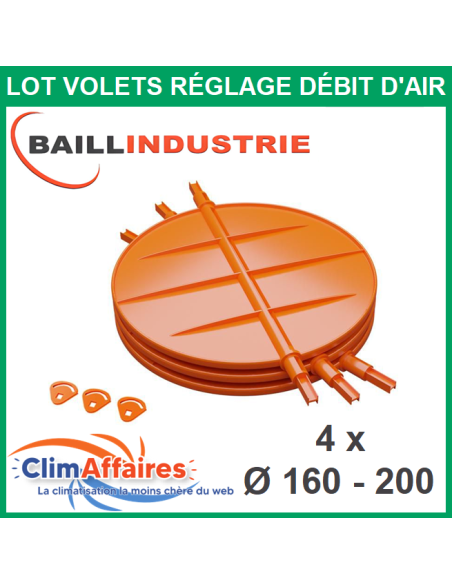 Baillindustrie - Lot de 4 volets - Réglage Débit d'Air pour Plénum Universel - Diamètre 160-200 mm (