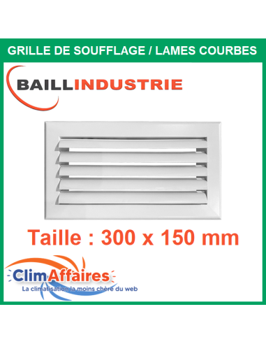 Baillindustrie - Grille de soufflage - Lames courbes à ailettes réglables - Alu blanc mat - 300x150 mm - LC300X150
