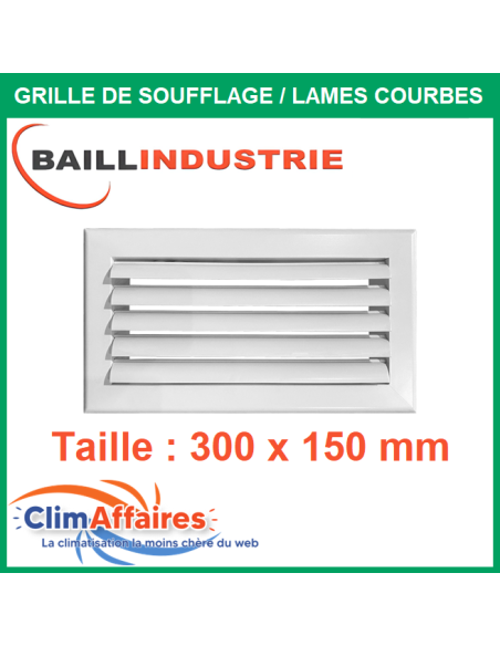 Baillindustrie - Grille de soufflage - Lames courbes à ailettes réglables - Alu blanc mat - 300x150 