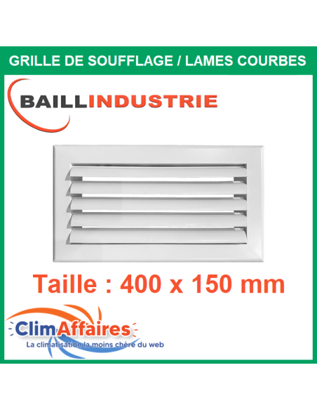 Baillindustrie - Grille de soufflage - Lames courbes à ailettes réglables - Alu blanc mat - 400x150 