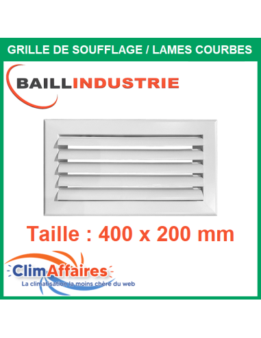 Baillindustrie - Grille de soufflage - Lames courbes à ailettes réglables - Alu blanc mat - 400x200 mm - LC400X200