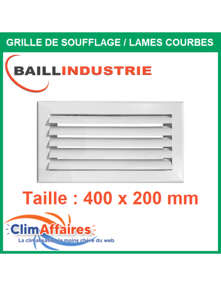 Baillindustrie - Grille de soufflage - Lames courbes à ailettes réglables - Alu blanc mat - 400x200 