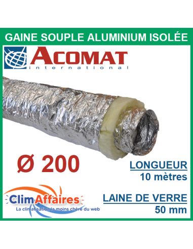 Gaine flexible pour gainable aluminium isolée M0/M1 - Épaisseur 50 mm - Diamètre 200 mm - Longueur 10 mètres (ACOFM0M1-50-204)