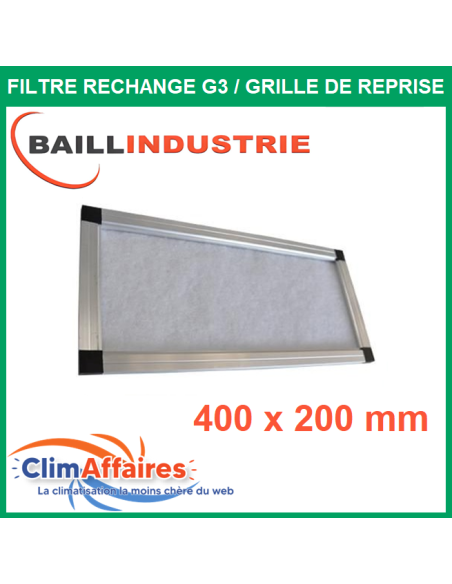 Baillindustrie - Filtre de rechange qualité G3 + cadre en aluminium pour grille de reprise 400x200 -