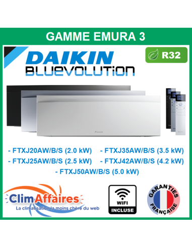 Daikin Climatisation Unités Intérieures - Design EMURA Bluevolution - R32 - FTXJ20A / FTXJ25A / FTXJ35A / FTXJ42A /FTXJ50A