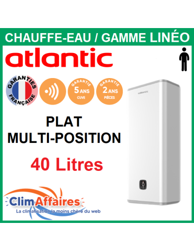 Chauffe-Eau Électrique plat Atlantic - Gamme LINÉO CONNECTÉ - Vertical ou Horizontal Mural multipostions - 40 Litres - 157205