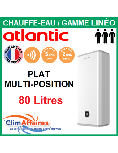 Chauffe-Eau Électrique plat Atlantic - Gamme LINÉO CONNECTÉ - Vertical ou Horizontal Mural multipostions - 80 Litres - 157209