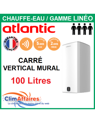 Chauffe-Eau Électrique Carré Atlantic - Gamme LINÉO CONNECTÉ - Vertical Mural - 100 Litres - 157213