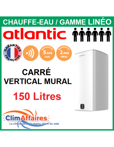 Chauffe-Eau Électrique Carré Atlantic - Gamme LINÉO CONNECTÉ - Vertical Mural - 150 Litres - 157215