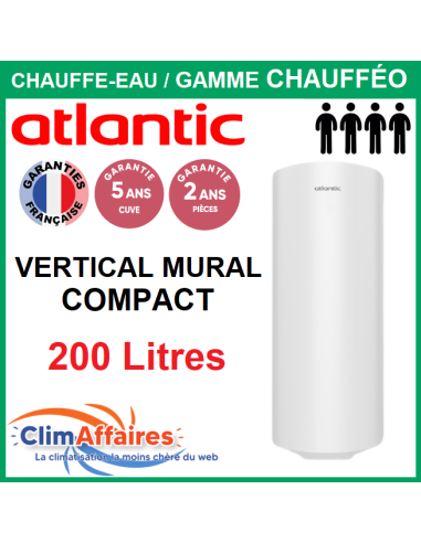 Chauffe-Eau Électrique Atlantic CHAUFFÉO Vertical Mural Compact 200 L