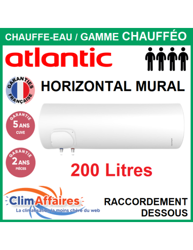 Chauffe-Eau Électrique Atlantic ACI Hybride - Gamme chauffeo - Horizontal Mural 200 Litres  raccordement dessous - 023193