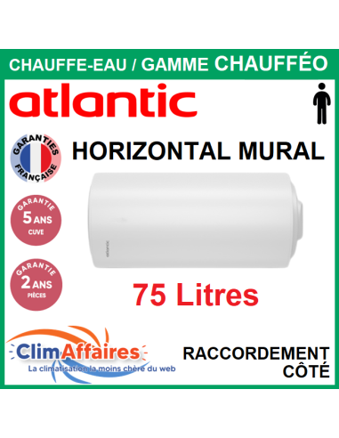 Chauffe-Eau Électrique Atlantic ACI Hybride - Gamme chauffeo - Horizontal Mural 75 Litres  raccordement côté - 025108