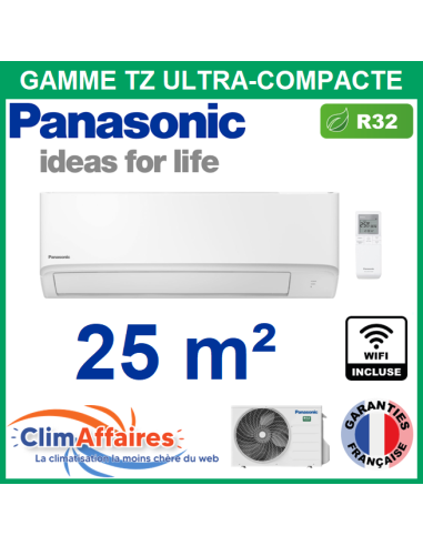 Panasonic Climatisation Murale Monosplit Réversible TZ ULTRA COMPACTE R32 - CS-TZ25ZKEW + CU-TZ25ZKE + WIFI (2.5 kW)