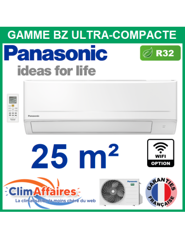 Panasonic Climatisation Murale Monosplit Réversible BZ ULTRA COMPACTE R32 - CS-BZ25ZKE + CU-BZ25ZKE (2.5 kW)