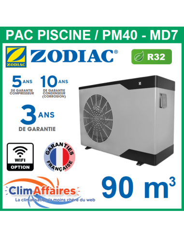 ZODIAC - PM40 - Pompe à chaleur pour piscine - PM40 MD7 - R32 - 17.5 kW - Monophasé - Réversible (Jusqu'à 90 m³)