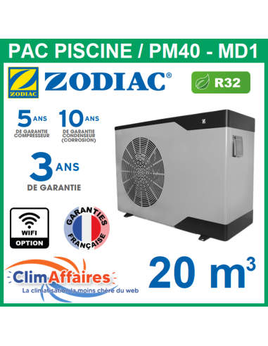 ZODIAC - PM40 - Pompe à chaleur pour piscine - PM40 MD1 - R32 - 4.7 kW - Monophasé - Réversible (Jusqu'à 20 m³)
