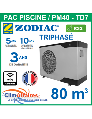 ZODIAC - PM40 - Pompe à chaleur pour piscine - PM40 TD7 - R32 - 18.5 kW - Triphasé - Réversible (Jusqu'à 80 m³)
