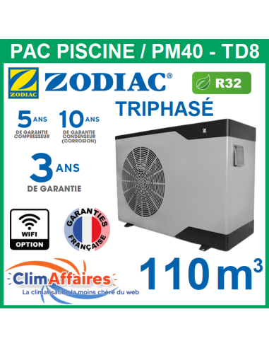 ZODIAC - PM40 - Pompe à chaleur pour piscine - PM40 TD8 - R32 - 22.1 kW - Triphasé - Réversible (Jusqu'à 110 m³)