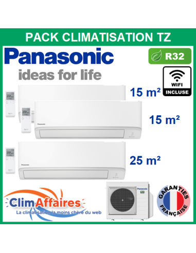 Panasonic Climatisation Tri-Splits - R32 - Mural TZ Compact - CU-3Z52TBE + 2 x CS-MTZ16ZKE + CS-TZ25KEW + WIFI (5.2 kW)