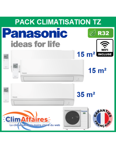 Panasonic Climatisation Tri-Splits - R32 - Mural TZ Compact - CU-3Z68TBE + 2 x CS-MTZ16ZKE + CS-TZ35KEW + WIFI (6.8 kW)