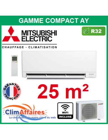 Mitsubishi Climatiseur Mural Monosplit Réversible COMPACT AY R32 - MSZ-AY25VGK + MUZ-AY25VG + WIFI (2,5 kW)