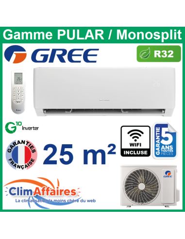 GREE Climatisation Mural Inverter Monosplit - PULAR Climatiseur R32 - Unité intérieure + Unité extérieure - 3NGR0735 (2.5 kW)